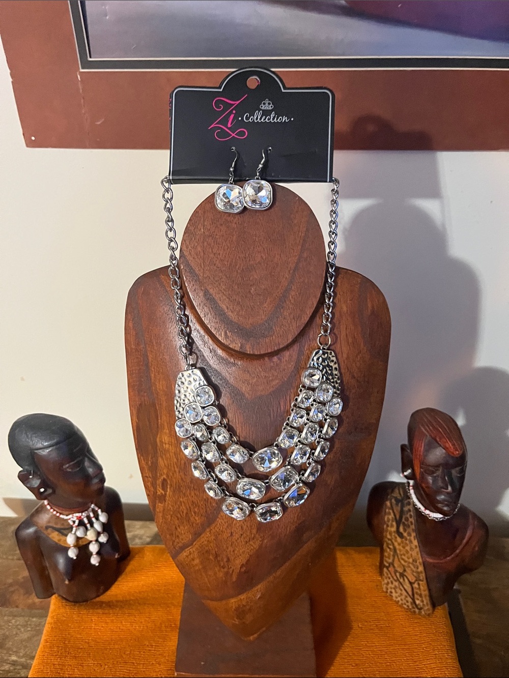 IC COLLECTION Silver-Tone Multi-Row Crystal Necklace with Matching Studs